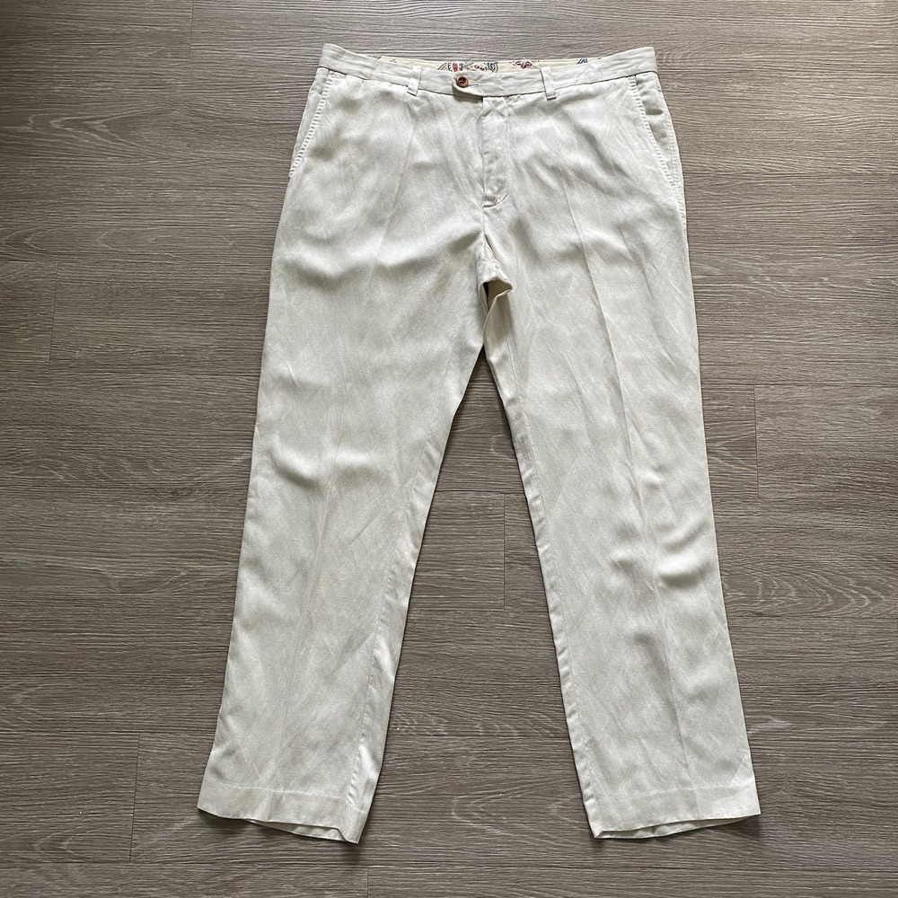 Tommy Bahama Linen Blend Pleated Pants Men's 36x30 Ivory Quiet Luxury Coastal